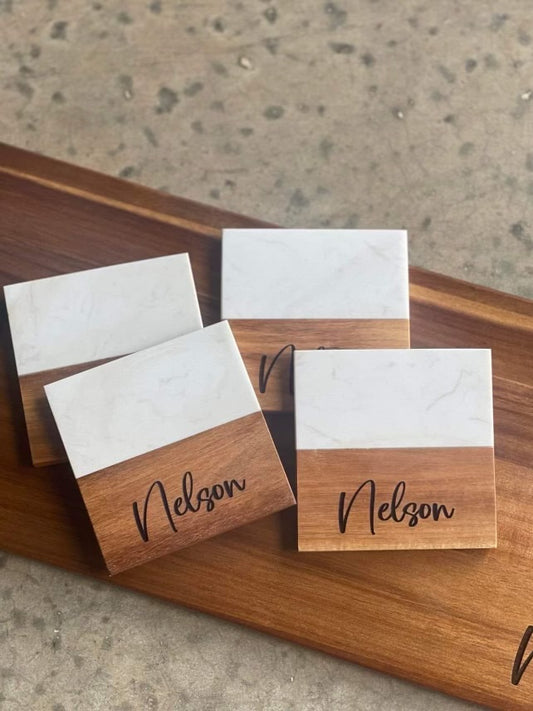 Personalized Drink Coasters | Set of 4 | White Stone + Wood